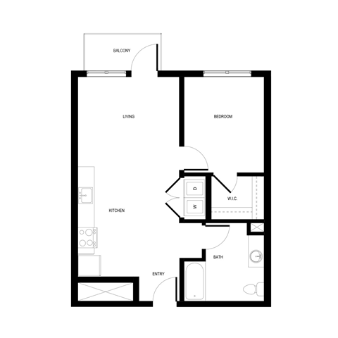Floor plan for 1 bed, 1 bath, 674 sqft